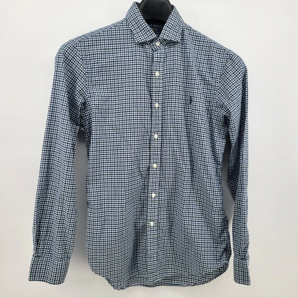Polo Ralph Lauren Slim Fit Mens Green Blue White Long Sleeve Plaid Shirt Medium